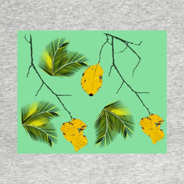 Yellow leaves and palms on mint green by Happyoninside